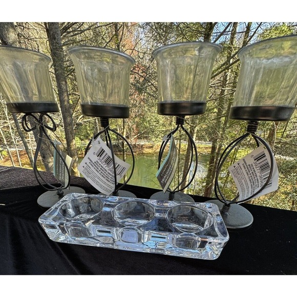 4 Greenbrier Int. Black Metal & Heavy Clear Glass Candle Holders Brand New -A29 - Picture 4 of 12